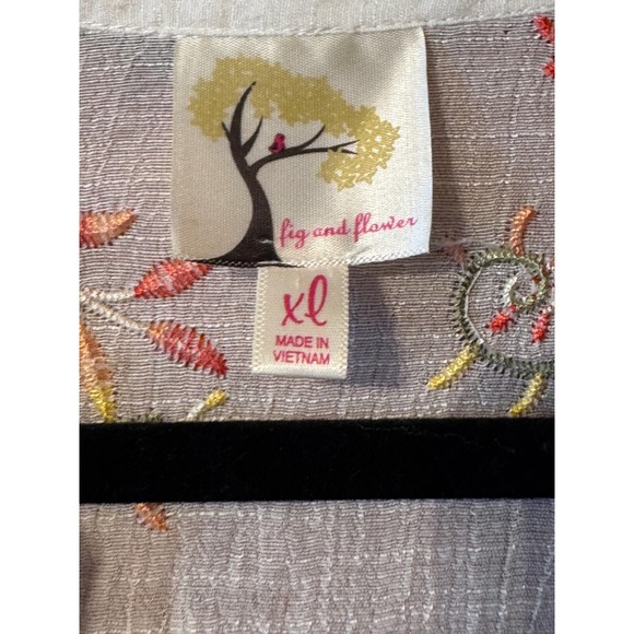 fig and flower embroidered sheer tunic shirt white floral print button up XL - Picture 3 of 8